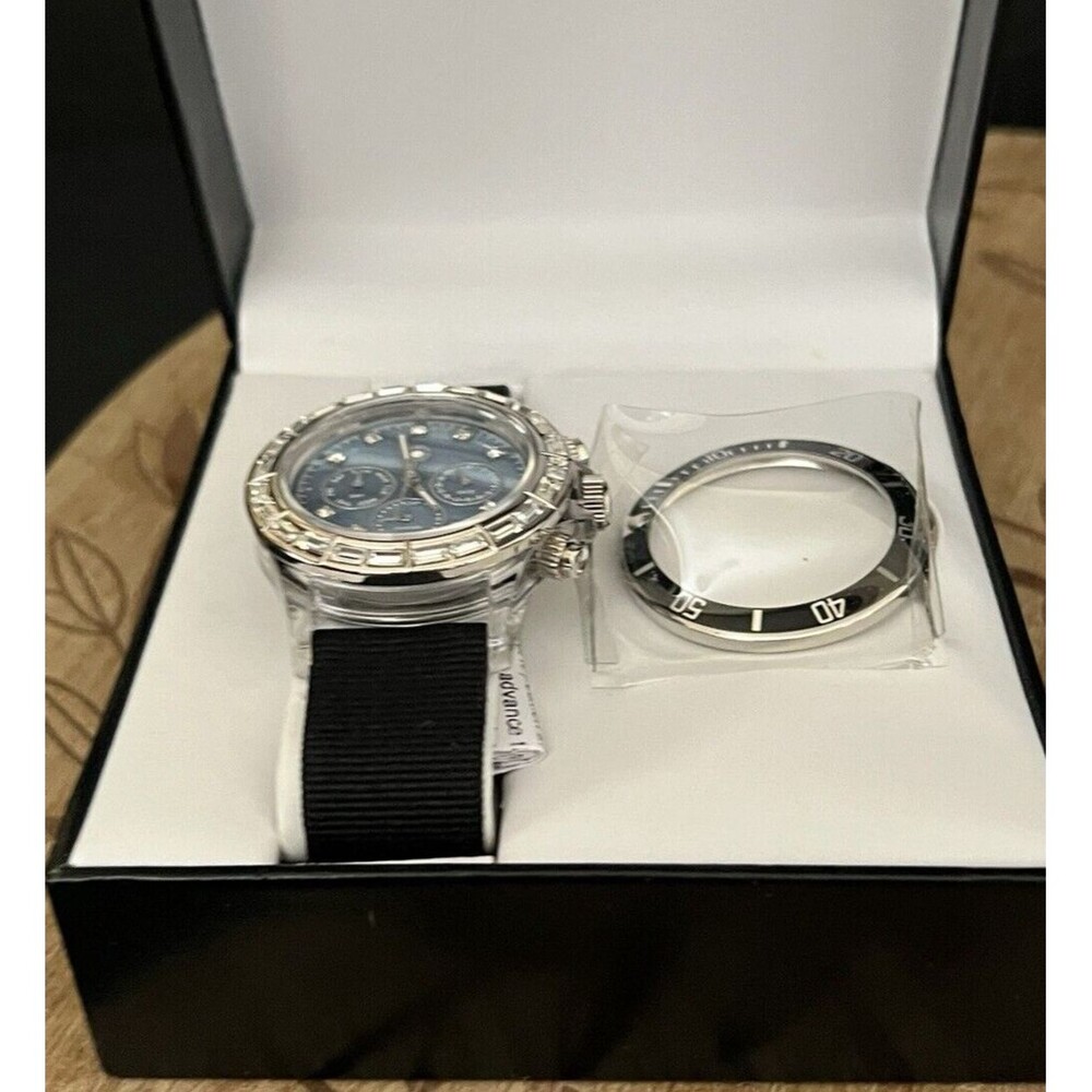 Gossip Blue Dial Bezel Crystal Accent Round Clear Case Black Canvas Band Watch - Picture 3 of 9